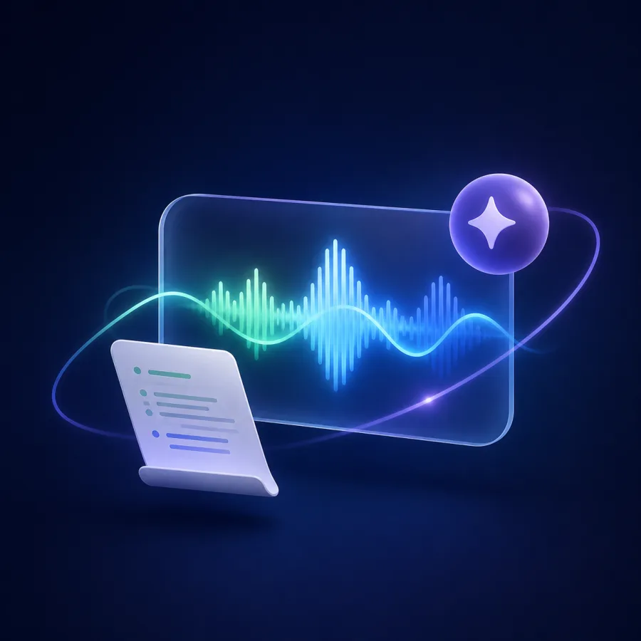 Generated editorial illustration of a live conversation waveform, transcript sheet, and AI support spark.