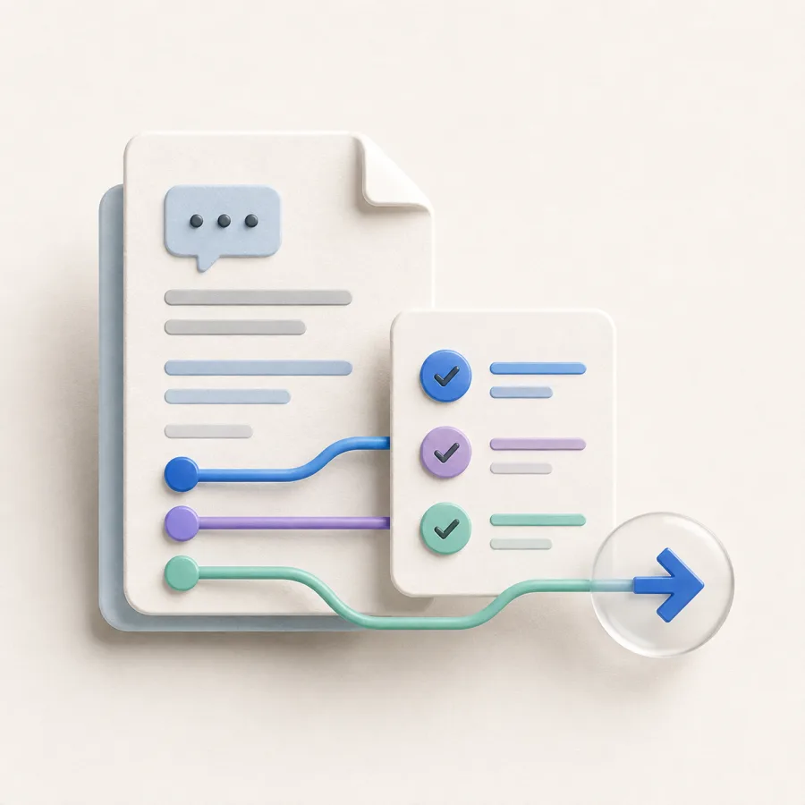 Generated editorial illustration of a saved conversation document, checklist, and forward next-step arrow.