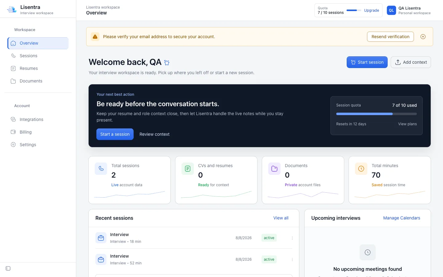 Lisentra interview workspace dashboard