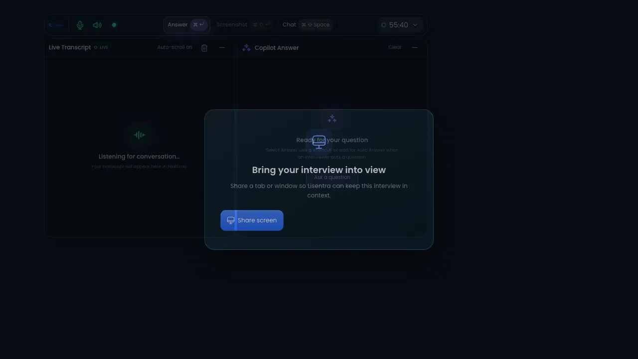 Lisentra live session with transcript and copilot answer panels